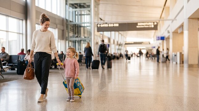 A mother and her young daughter, holding hands and pulling a small suitcase, walk through a bright, modern airport terminal, anticipating their travel adventures.