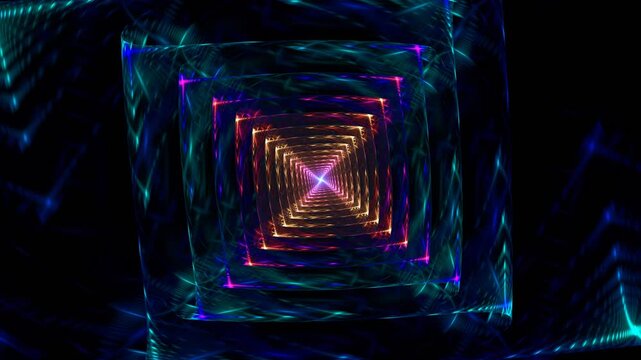 Surreal coruscating background with revolving lambent cross in center on dark. Fractal glowing metamorphoses of spiraliform square form on dark background. 4K UHD 4096x2304 ultra high definition