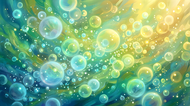 Abstract underwater background with floating bubbles and light rays.