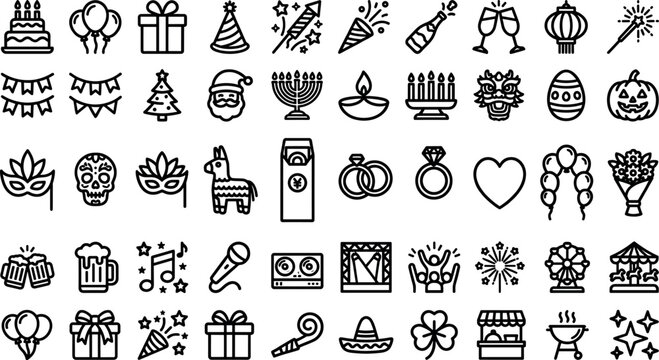 Party celebration holiday and festival line icons set with birthday cake gift balloon christmas halloween outline vector symbols