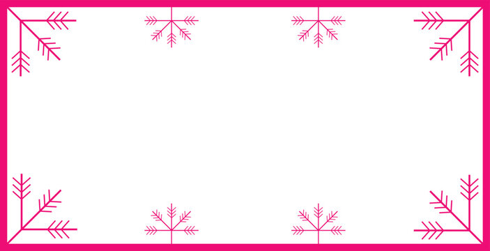 Pink decorative frame with festive winter elements. Elegant holiday border template for greeting cards and invitations. Minimalist pink design on white background.