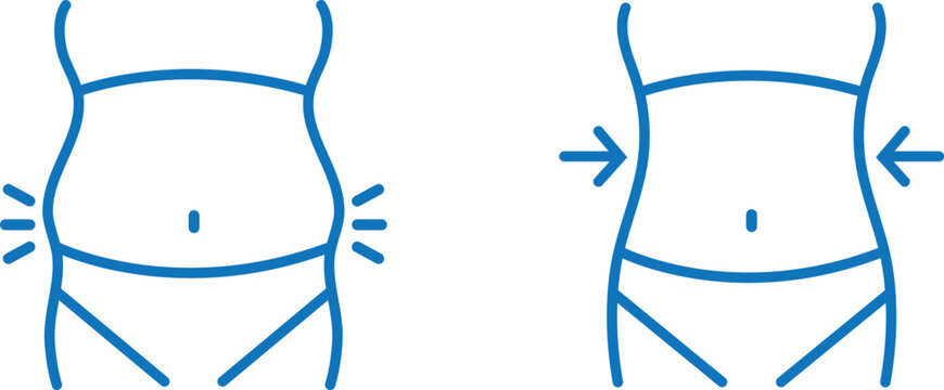 Weight loss comparison icons showing before and after belly transformation. Slimming and body contouring line art symbols. Health, fitness, and diet progress illustration.