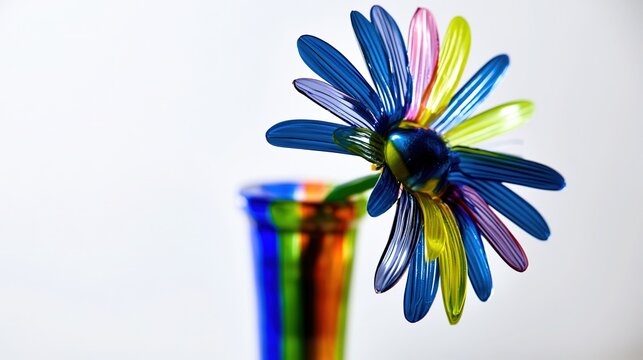 Vulgar vase with cheap fake flower, oversaturated colors, harsh light, deliberately crude still life