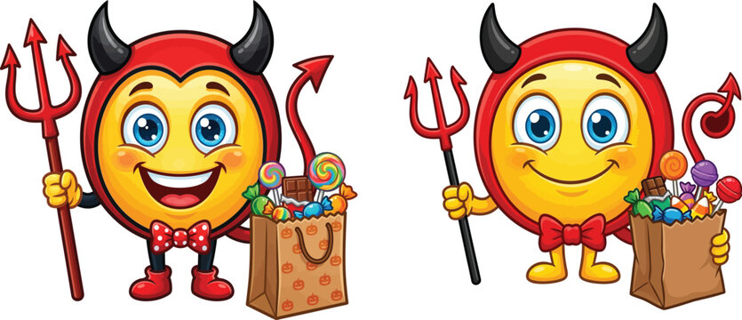 Devil emoji character holding a trident and a bag of halloween candy with character halloween emoticon illustration chocolate lollipop celebration isolated background