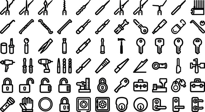 Locksmith tools and lock picking line icons set featuring padlocks keys tension wrench drills safe outline vector symbols