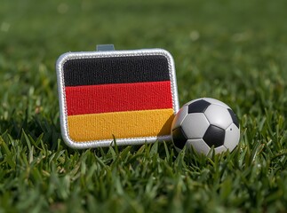 Fototapeta premium A German flag embroidered patch and a mini soccer ball resting on green grass. High-resolution close-up of sports memorabilia.