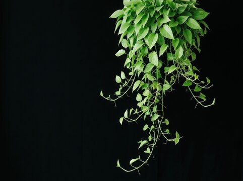 Beautiful green hanging pothos plant with long trailing vines and heart shaped leaves isolated against a solid dark black background isolated on white background