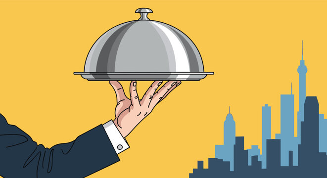 Elegant waiter hand holding a polished silver cloche platter with a modern blue city skyline on a yellow background.