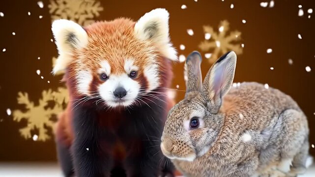 A red panda and a rabbit sit together amidst falling snow and snowflakes.