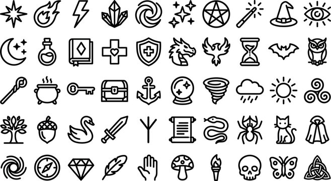 Magic fantasy and medieval RPG game line icons set featuring wizard hat spellbook sword dragon outline vector symbols