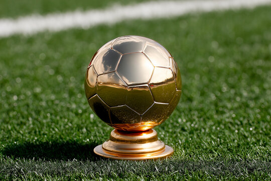 Golden Ball Trophy on Green Soccer Pitch Grass