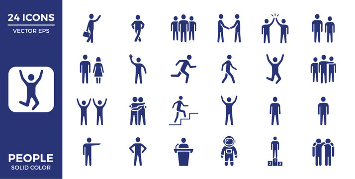 People glyph icon set. Team, handshake, running, walking, group hug, podium winner minimal vector illustrations. Blue silhouette flat pictogram for business and community design.