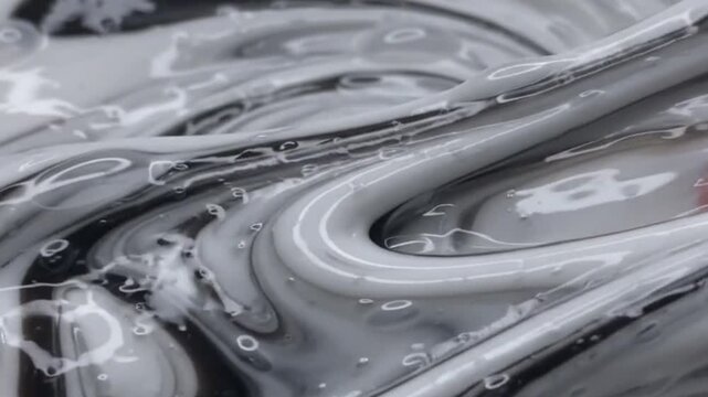High angle of viscous black and white slime or paint being mixed together