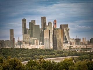 Fototapeta premium Modern Moscow City Skyline Skyscrapers with Green Park and River View