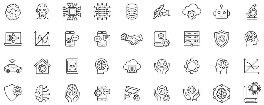 Large set of artificial intelligence and technology line icons. Outline signs of neural networks, robotics, machine learning, big data, and smart systems. Vector illustration isolated on white backgro