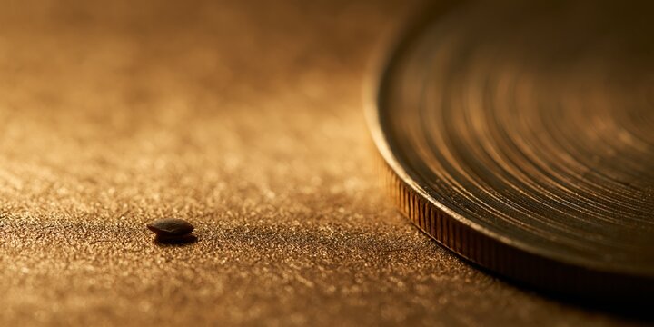 Close-up of small seed near coin edge