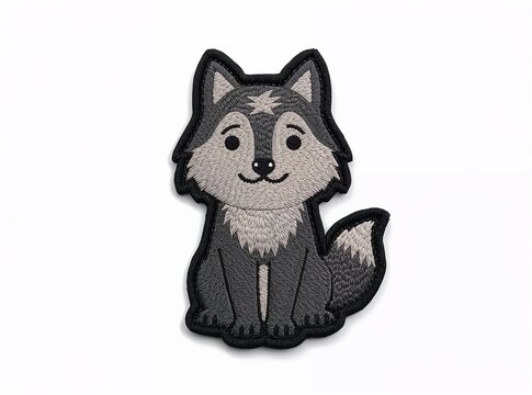 A cute grey wolf embroidered patch isolated on a white background. High-resolution close-up of a detailed wildlife animal textile applique and craft badge.