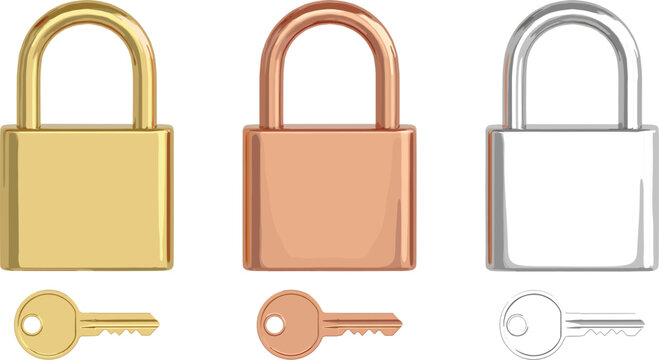 Metallic padlock and key set featuring gold bronze and silver security symbols isolated on white background