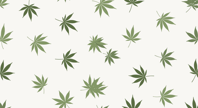 Green marijuana or cannabis leaves scattered randomly on a clean light background in a seamless pattern design.