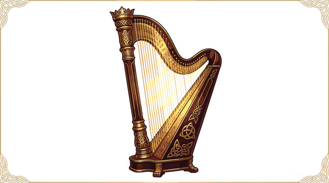 Ornate classical celtic harp vector illustration with intricate golden carvings and decorative corner frame border lines
