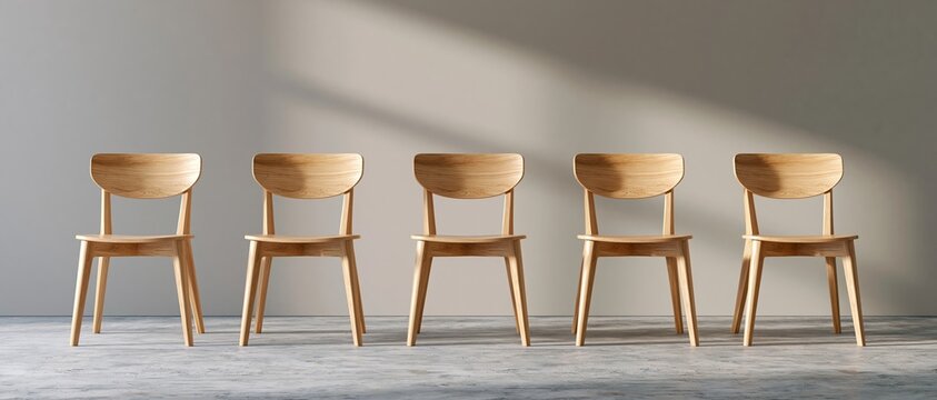 Row of five wooden chairs indoors