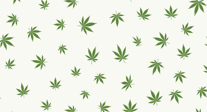 Dense seamless repeating pattern of green marijuana or cannabis leaves scattered on a clean light background.