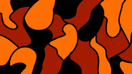 An abstract camouflage pattern featuring organic, fluid shapes in bold shades of orange, deep reddish-brown, and solid black, outlined with prominent black contours. © AllYours
