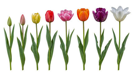 Colorful tulips in different growth stages, from closed bud to vibrant open bloom, isolated on a transparent background. © Sharon