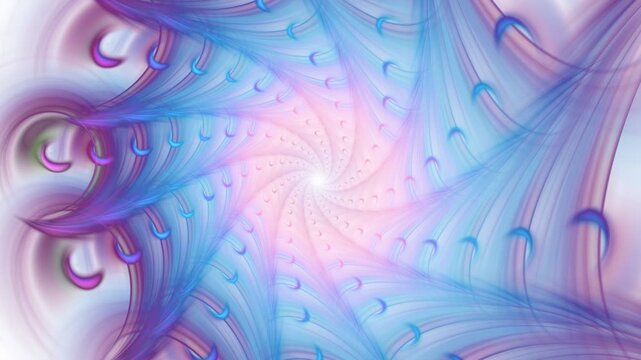 Surreal space with colorful fractal spiral energy flows, vibes psychedelic changes, circumvolution. Abstract shapes hypnotic revolving, vibrating on white, converging to center. 4K UHD 4096x2304
