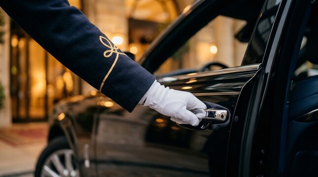 Professional Chauffeur in Uniform Opening Door of Luxury Sedan at an Exclusive Hotel Entrance