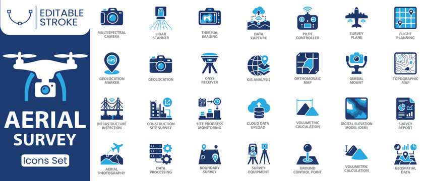 Aerial survey icon set. Containing drone, LiDAR scanner, thermal imaging, GNSS receiver, GIS analysis,  geospatial data, aerial photography, survey equipment and more. Solid vector icons collection.