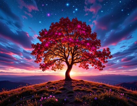Starry Nightscape with Glowing Multicolored Tree