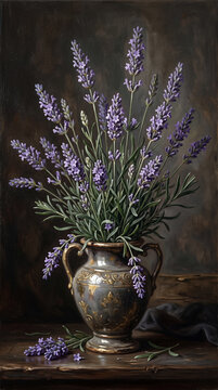 Botanical Oil Painting of Lavender Flowers in Antique Vase