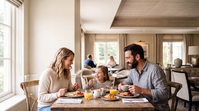 A happy family enjoys a delicious breakfast together, sharing laughter and smiles around a sunlit table. The scene evokes warmth, connection, and the simple pleasures of a shared meal.