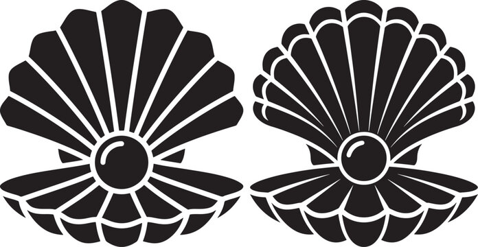 Silhouette black vector icon of open seashells with pearls inside seashell clamshell silhouette treasure underwater graphics