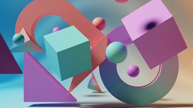 A dynamic 3D rendering showcases an abstract composition of pastel-colored geometric shapes floating in a softly lit environment, with soft shadows creating depth and a sense of movement.