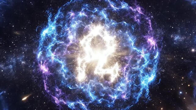 A cosmic explosion forms a vibrant nebula with a glowing symbol at its center.