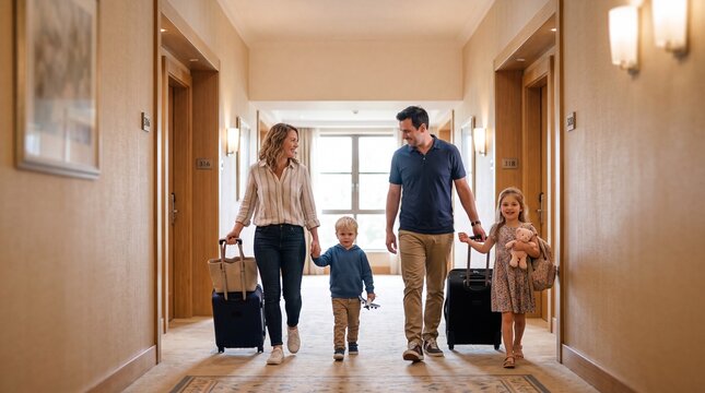 A happy family with two children and their luggage walks down a hotel hallway, ready for vacation and adventure.