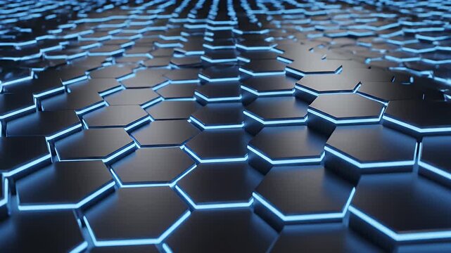 A dark hexagonal pattern with glowing blue light.