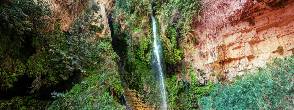 David's waterfall at Ein Gedi Nature Reserve. Israel. Real photo not by AI