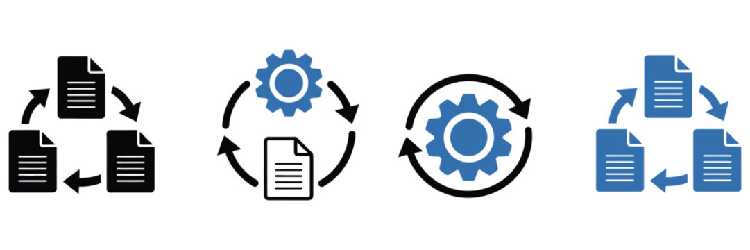 Project documentation icon set, featuring document with gear symbol, standard operating procedure visuals, process workflow illustration, vector design elements for apps, websites, and UI systems.