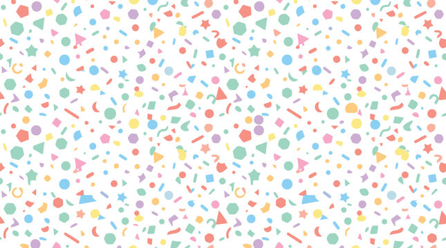 Colorful geometric confetti seamless pattern with pastel abstract shapes on a light background for festive design.