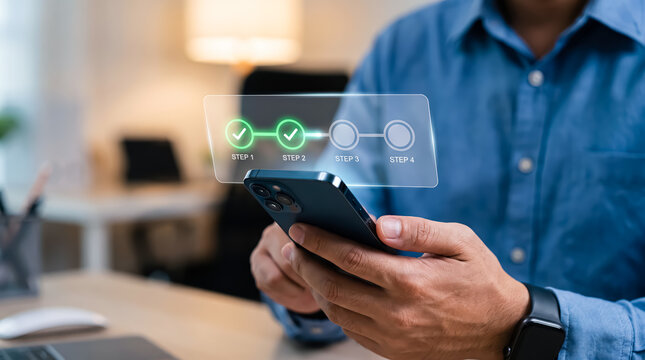 Closeup of a man using a smartphone with a digital interface showing a fourstep progress bar with two steps completed