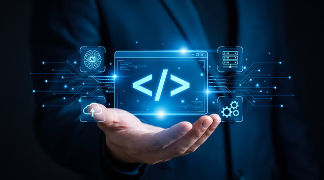 Software development and digital transformation concept with programmer holding a glowing code interface and technology icons