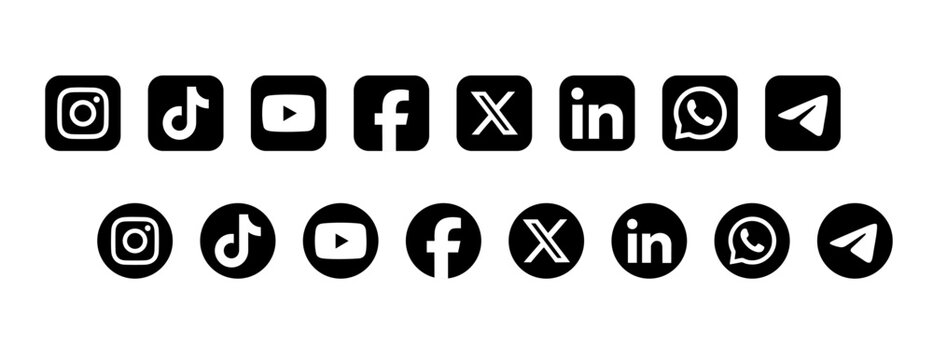 Popular Social media logo icons collection 2026. Black & white Rounded square, circle social network icon set.web icons