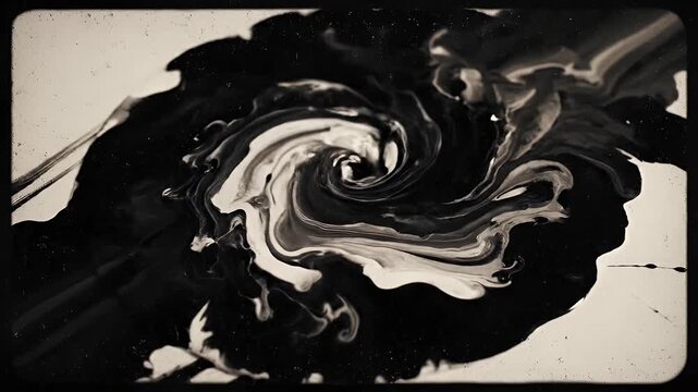 Abstract black brush strokes on a textured off-white background with a vintage film border.