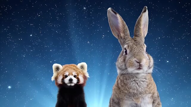 A red panda and a rabbit look out at a starry, nebulous sky.