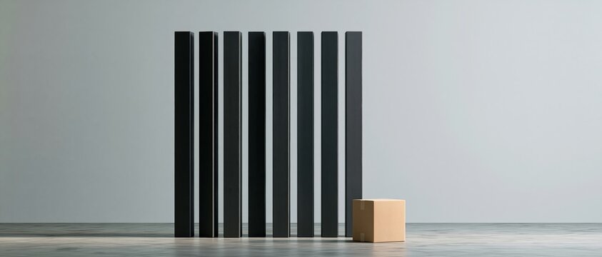 Cardboard box beside black vertical pillars