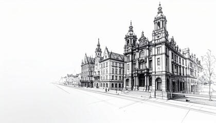 Fototapeta premium Hand Drawn Architectural Pencil Sketches of Classic and Modern Buildings with Detailed Shading Clean Composition and Generous Copy Space for Branding Marketing and Editorial Use