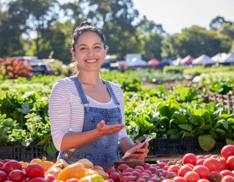 Woman smiling at a farmers market.